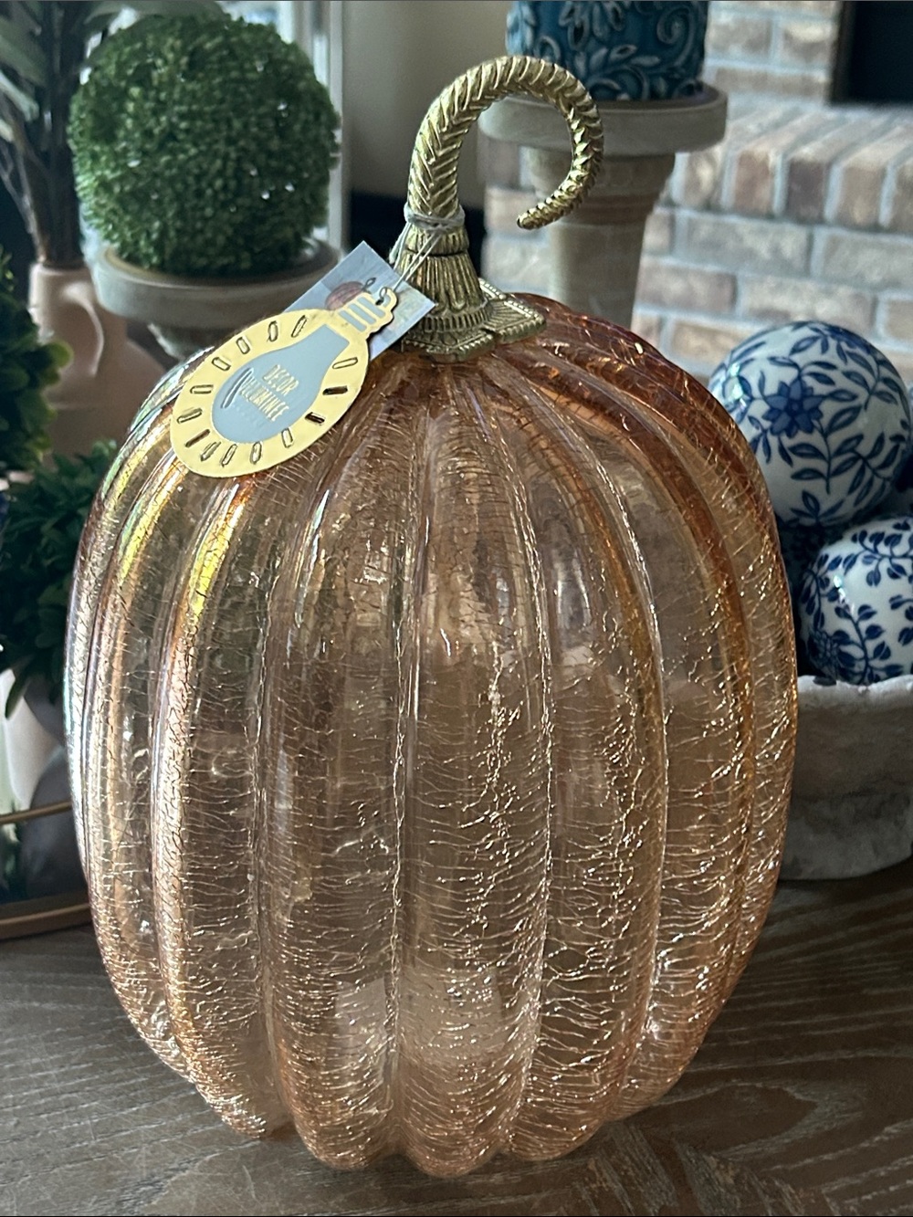 NEW! LARGE Vintage Inspired Orange Glass Crackle Fall Harvest Pumpkin Lantern